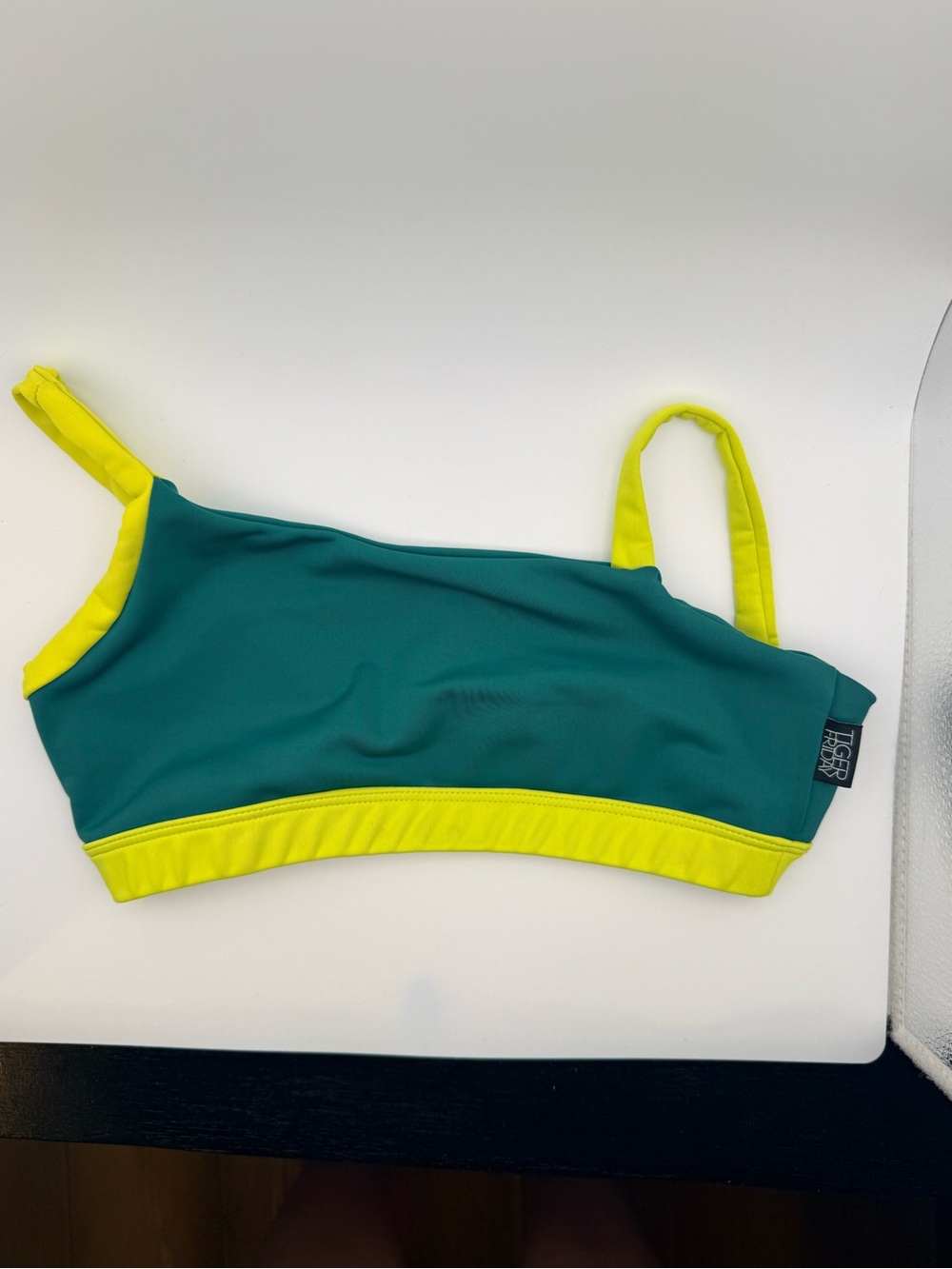 Tiger Mist Teal Crop Top with Yellow Trim